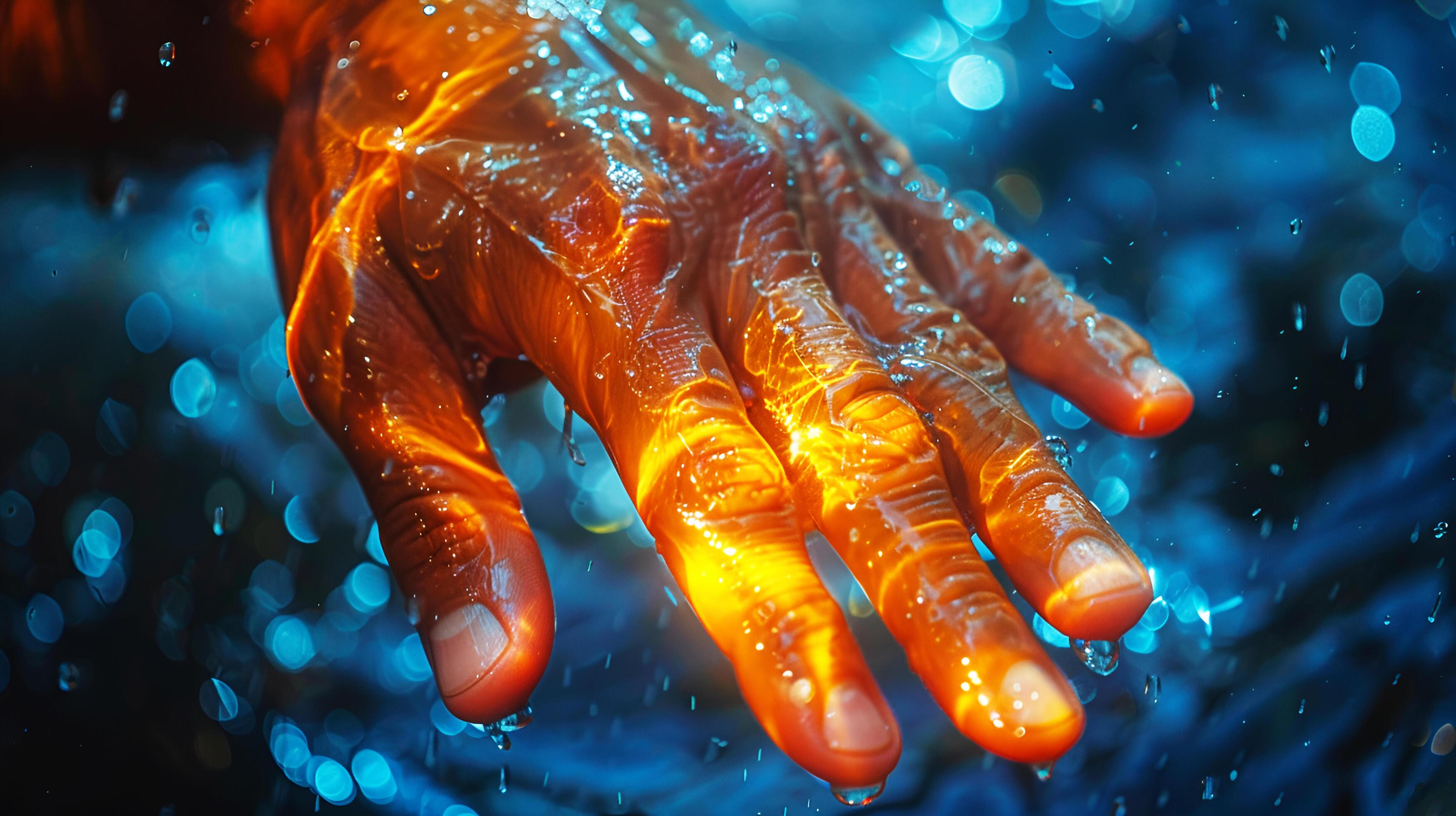 Science fiction light on human hand in undersea water world. AI-generated Stock Free