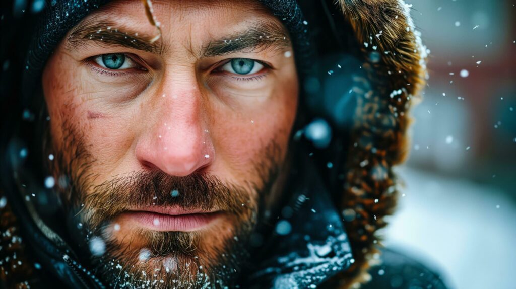 Intense bearded man’s face close-up with snowflakes in winter setting Free Photo