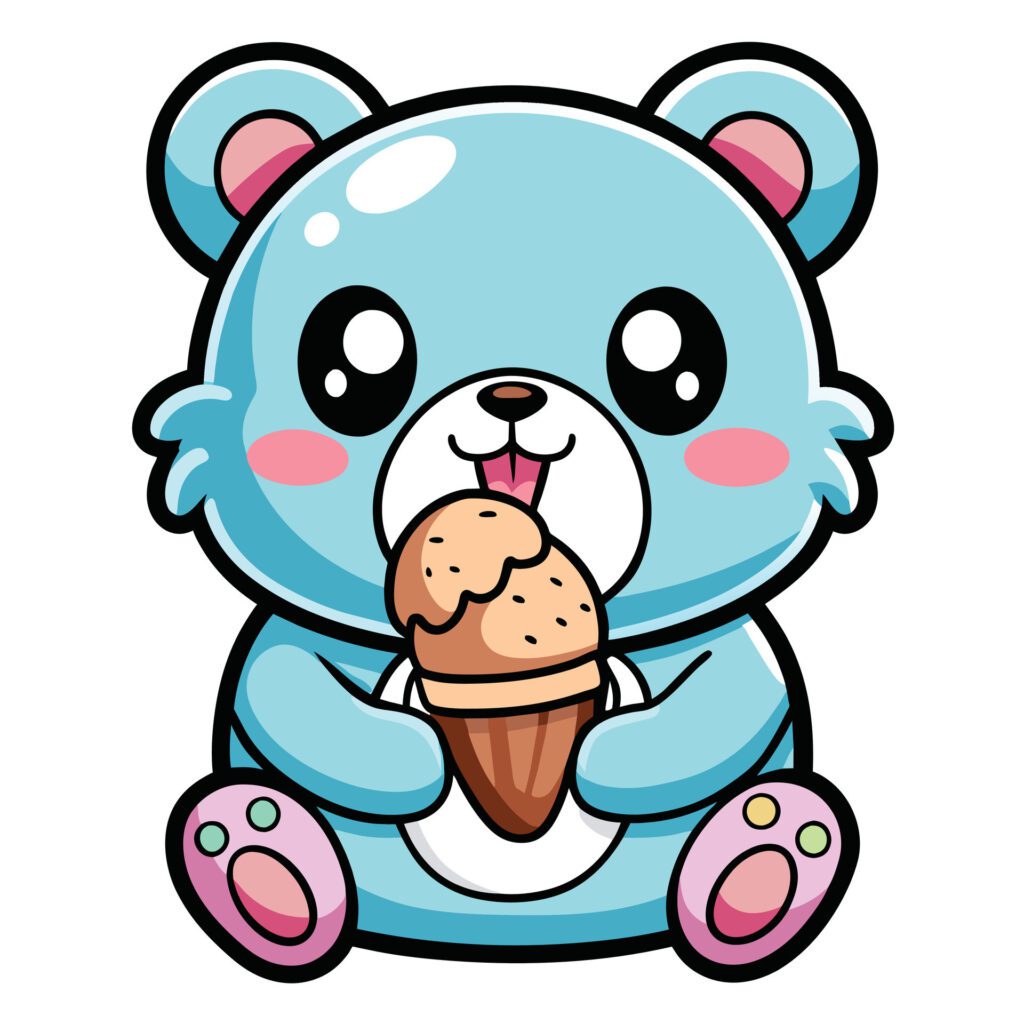 a cute kawaii bear eating ice cream, with clean black outlines, white background Free Vector