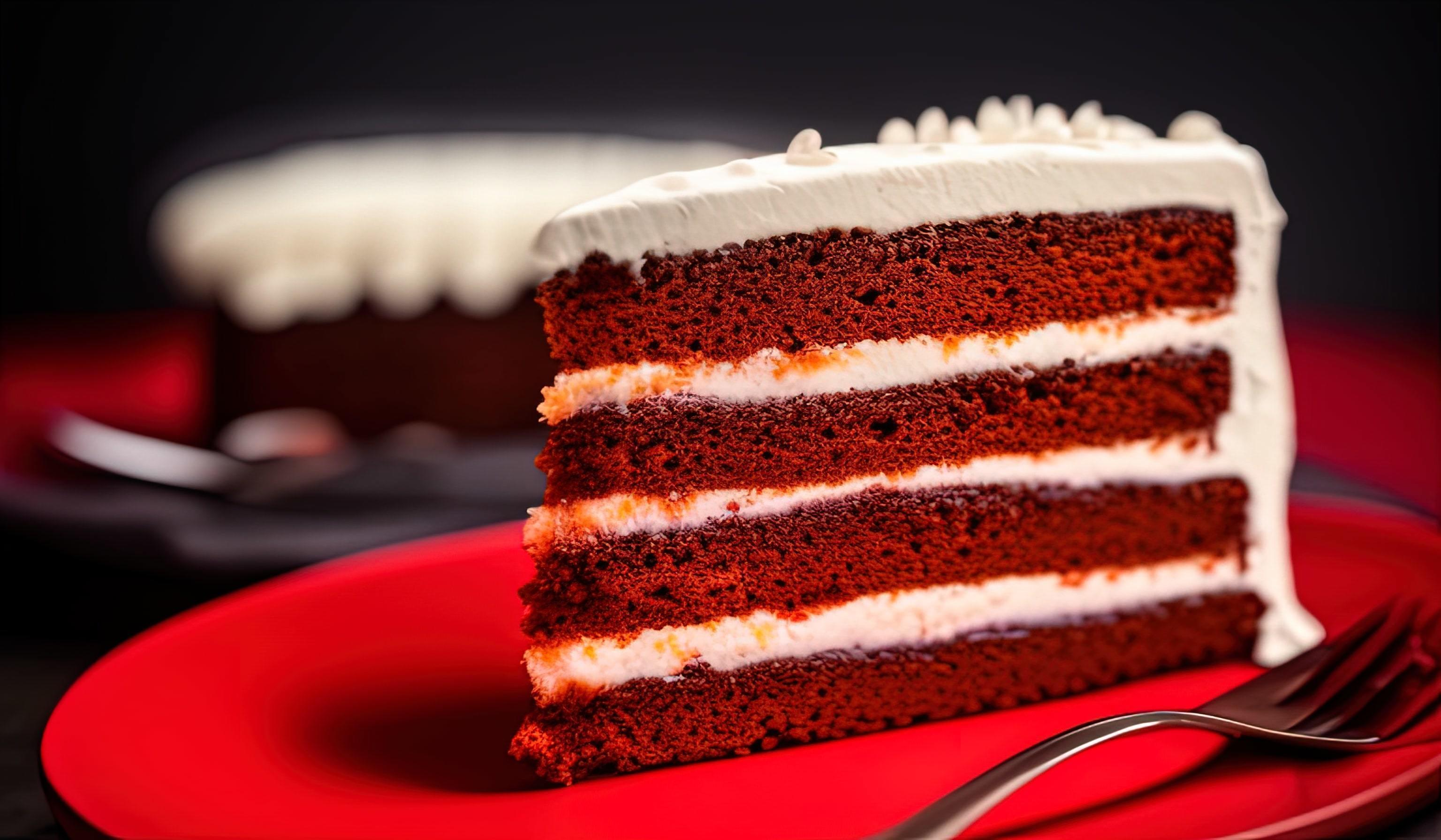 professional food photography of a piece of cake sitting on top of a red plate Stock Free