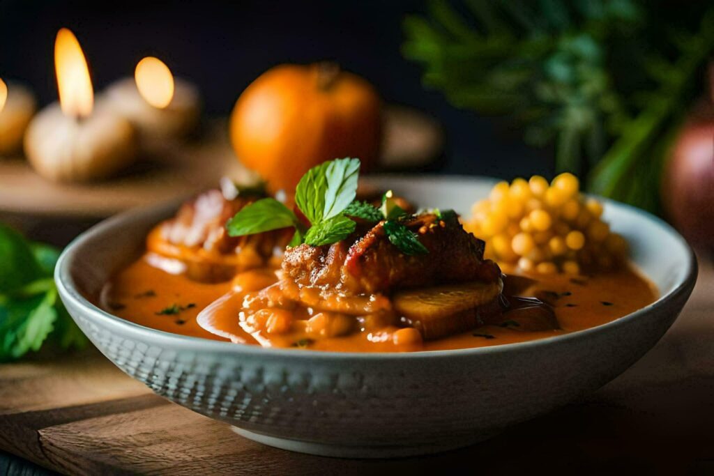 a bowl of soup with meat and vegetables on a wooden table. AI-Generated Free Photo