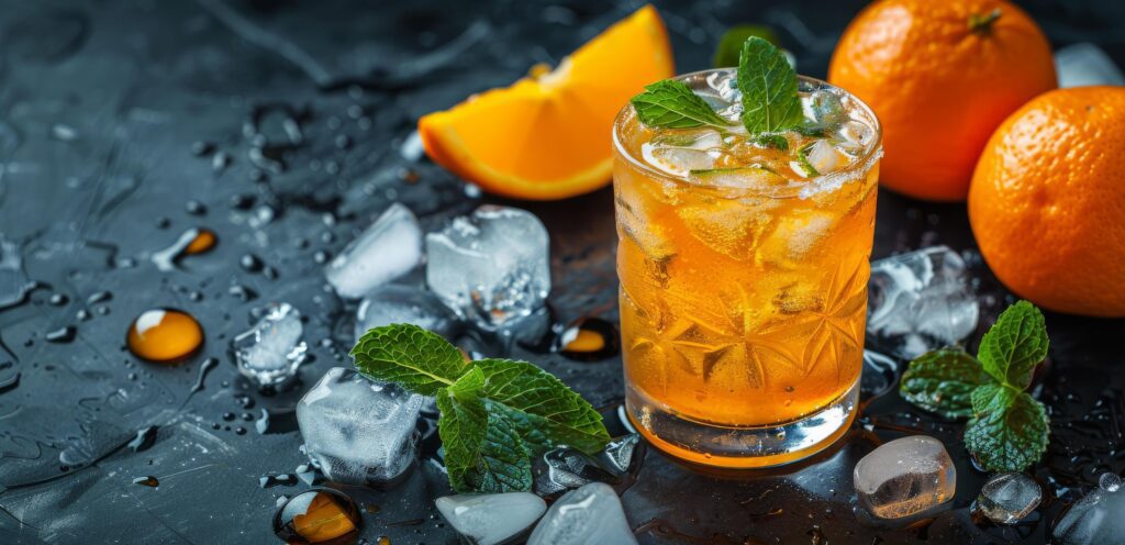 Refreshing Orange Drink With Ice and Mint on Black Background Stock Free