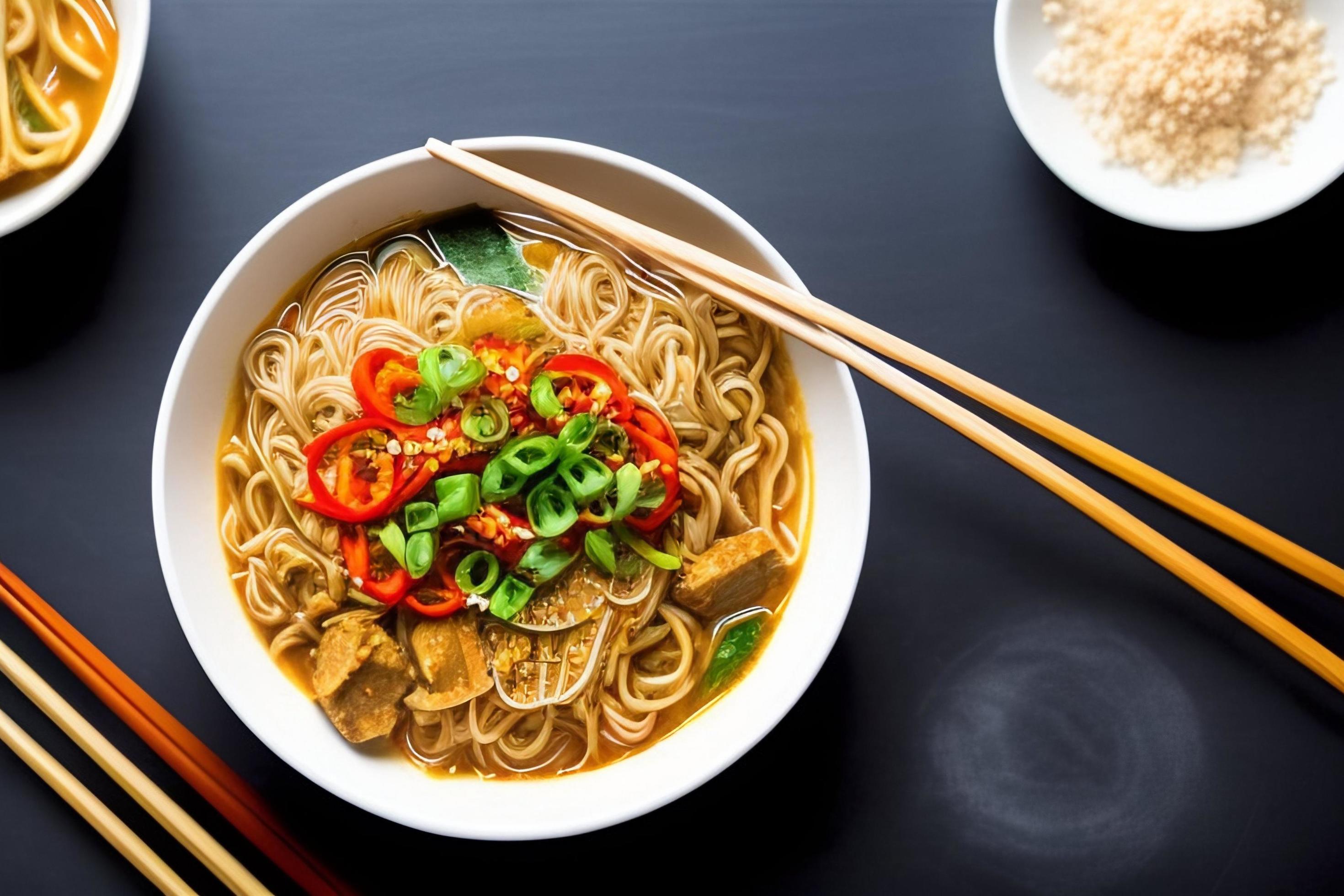 Delicious noodles. Fast food meal with appetizing pasta and chopsticks. Stock Free