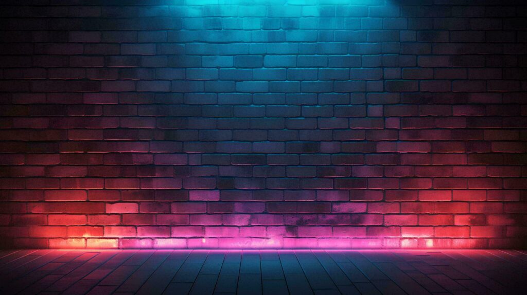 Modern futuristic neon lights on old brick wall background grunge texture, AI Generative Stock Free