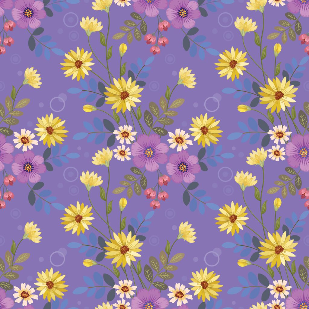 Cute colorful flowers on purple color background seamless pattern. Free Vector