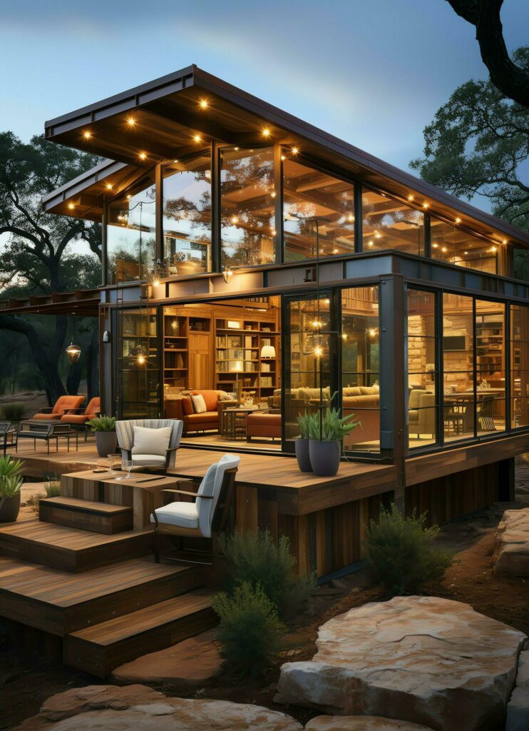 A container home building on a plot of land. 2 storey modern container house, cafe or restaurant concept by AI Generated Stock Free