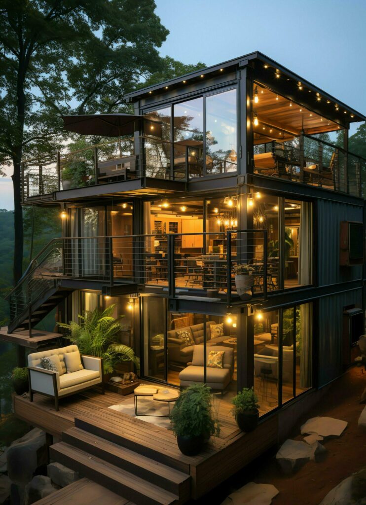 A container home building on a plot of land. 2 storey modern container house, cafe or restaurant concept by AI Generated Stock Free