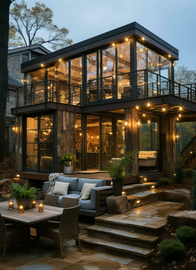 A container home building on a plot of land. 2 storey modern container house, cafe or restaurant concept by AI Generated Stock Free