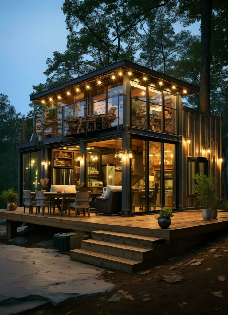 A container home building on a plot of land. 2 storey modern container house, cafe or restaurant concept by AI Generated Stock Free