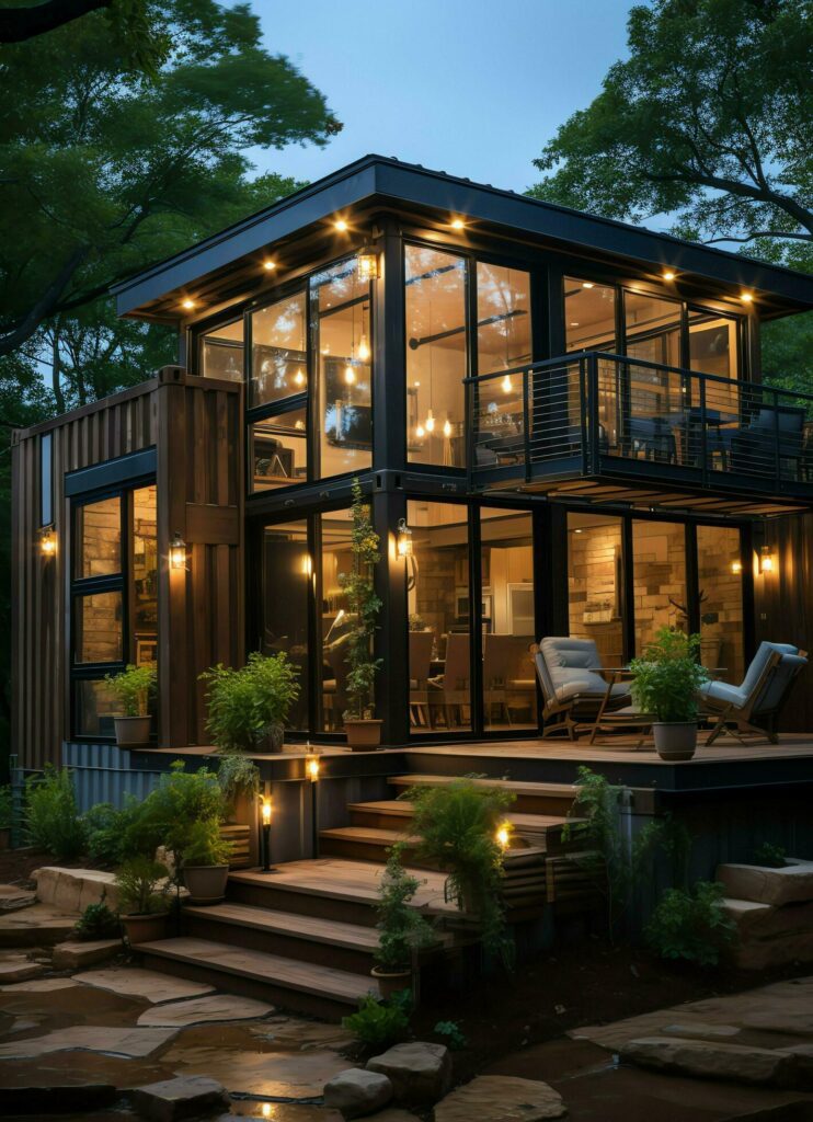 A container home building on a plot of land. 2 storey modern container house, cafe or restaurant concept by AI Generated Stock Free