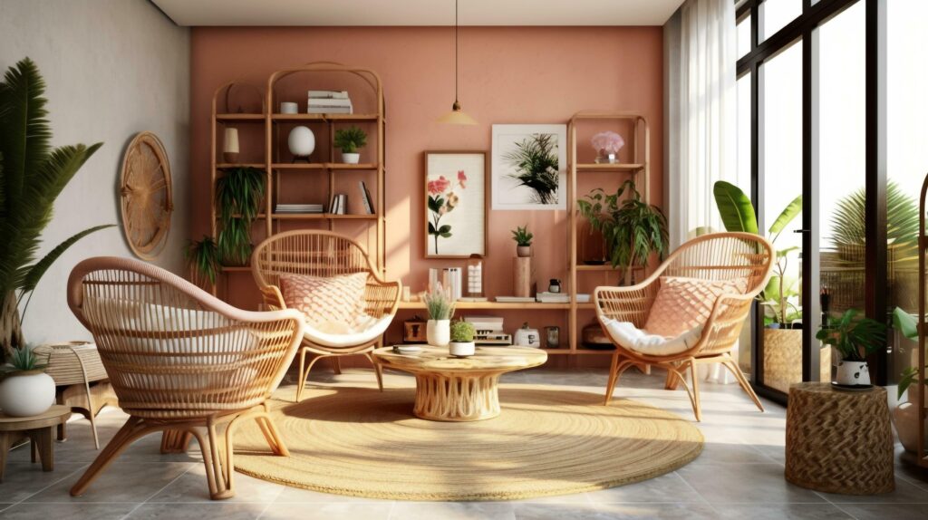 a cozy lounge chair and a stylish dining set, AI generated Stock Free