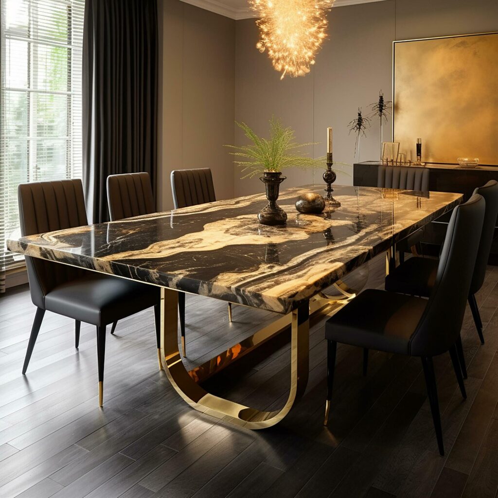 A dining table with chairs and a chandelier. Generative AI Stock Free