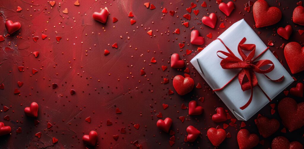 A festive Valentines Day background featuring heart-shaped decorations Stock Free