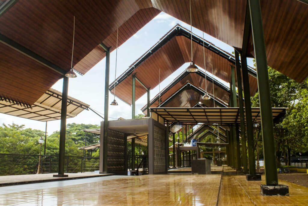 A house in a park where tourists sit, relax and rest at the destination of Lake Situ Gede, Tasikmalaya, West Java, Indonesia Stock Free