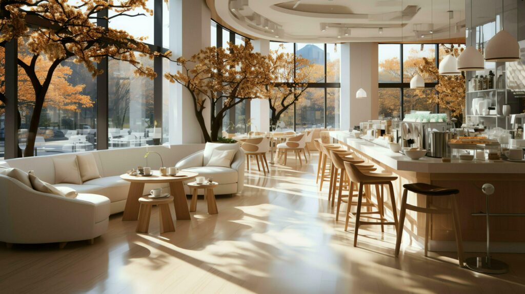 A magnificent restaurant or coffee shop with modern style and a wooden. Interior of a restaurant concept by AI Generated Stock Free