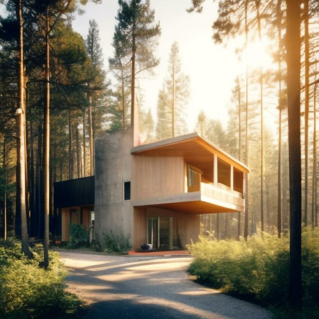 A modern home nestled in a lush forest Generative AI Stock Free