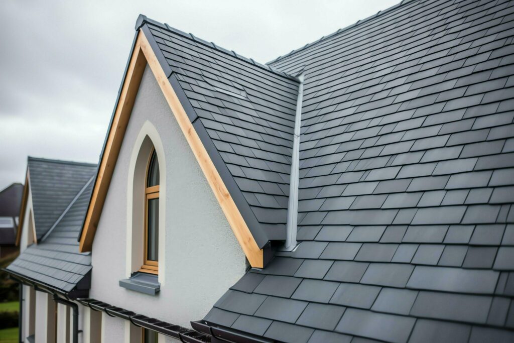 A modern private house is covered with metal tiles roofing or grey slate roof. Vintage curved frame concept by AI Generated Stock Free