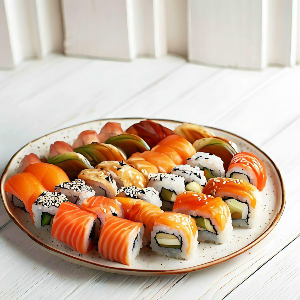 A plate of sushi rolls on a table, japanese food AI generated image Stock Free