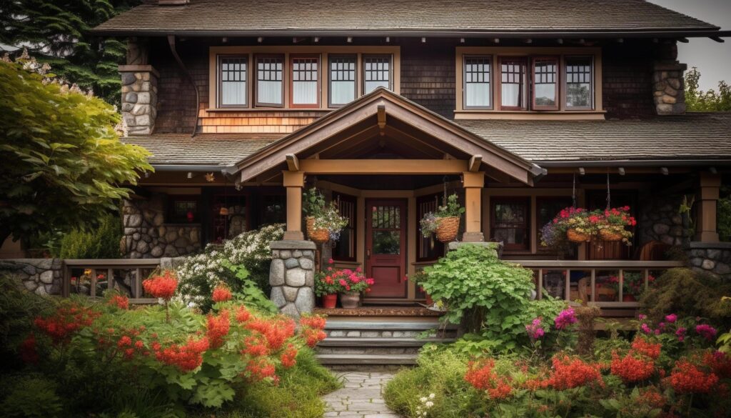 A rustic cottage with a flower pot on the porch generated by AI Stock Free