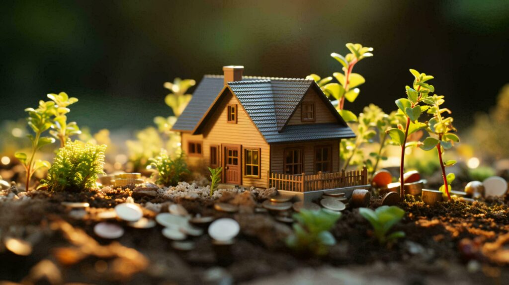 A small model of a toy country house stands on money coins against the backdrop of nature. The concept of real estate outside the city in a mortgage, a loan for housing. AI generated Stock Free