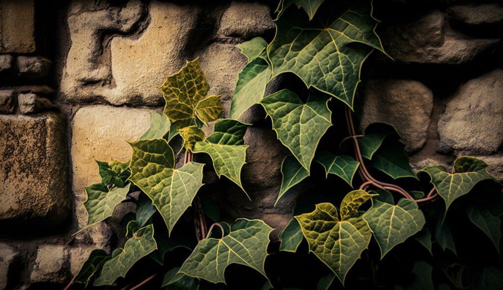 A vibrant autumn leaf pattern on an ivy covered wall generated by AI Stock Free