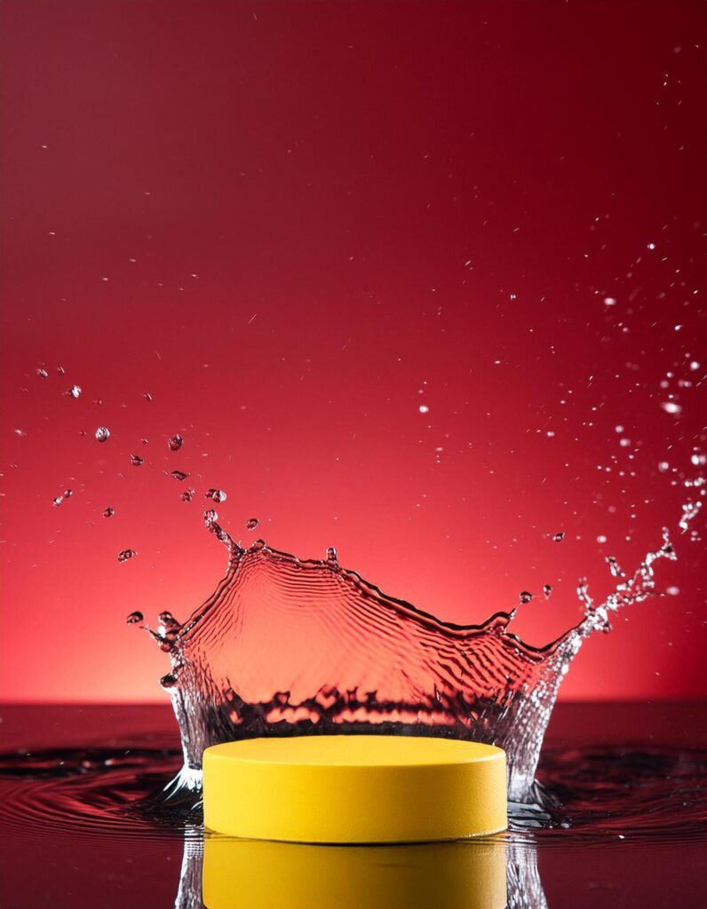 empty yellow podium mockup with water splash on a gradient background for product display Stock Free