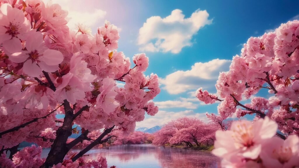 pink cherry blossoms Blooming beautifully on the background of a bright blue sky Stock Free