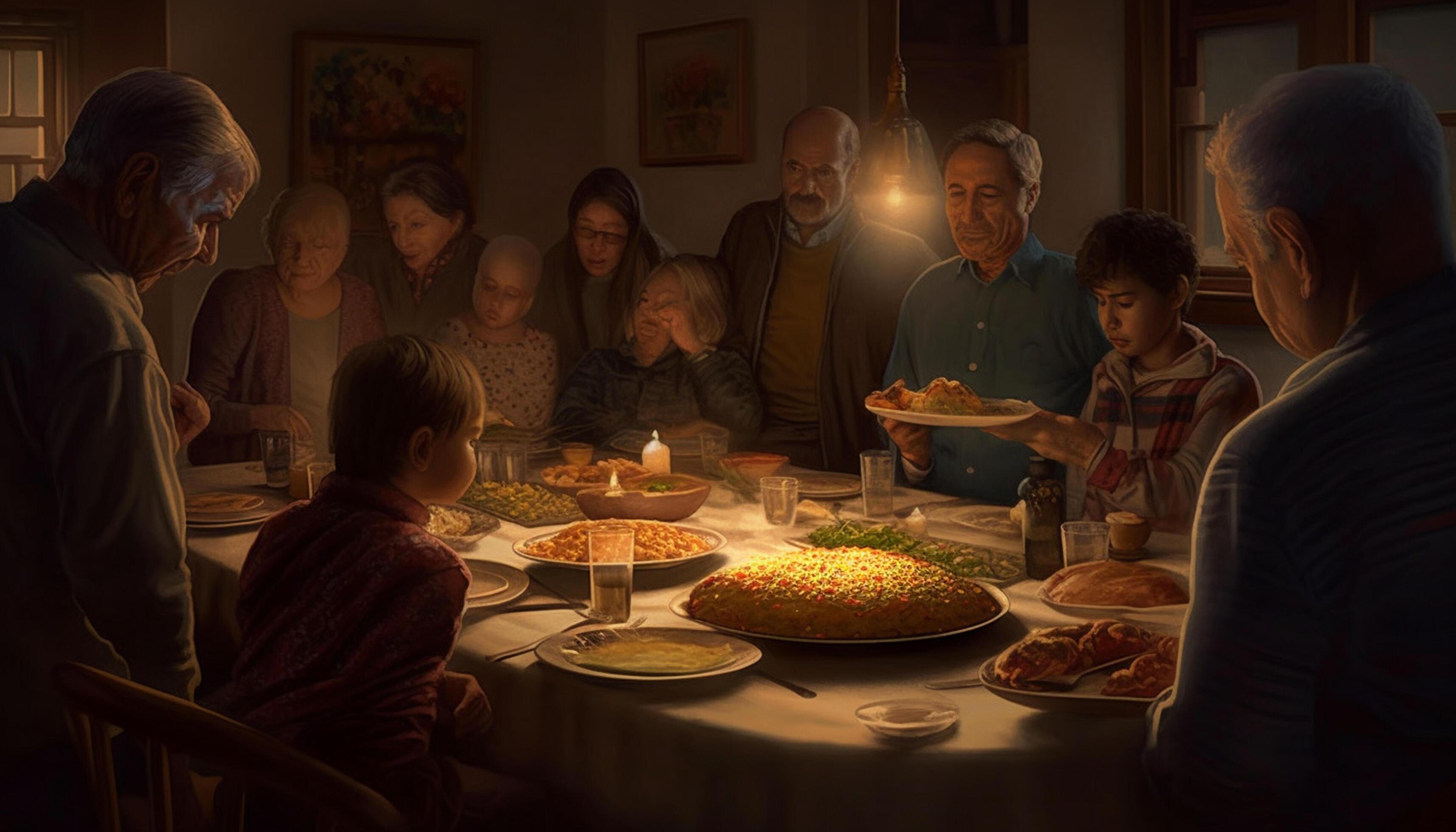 AI generated A joyful family gathering around the table, enjoying a meal generated by AI Stock Free