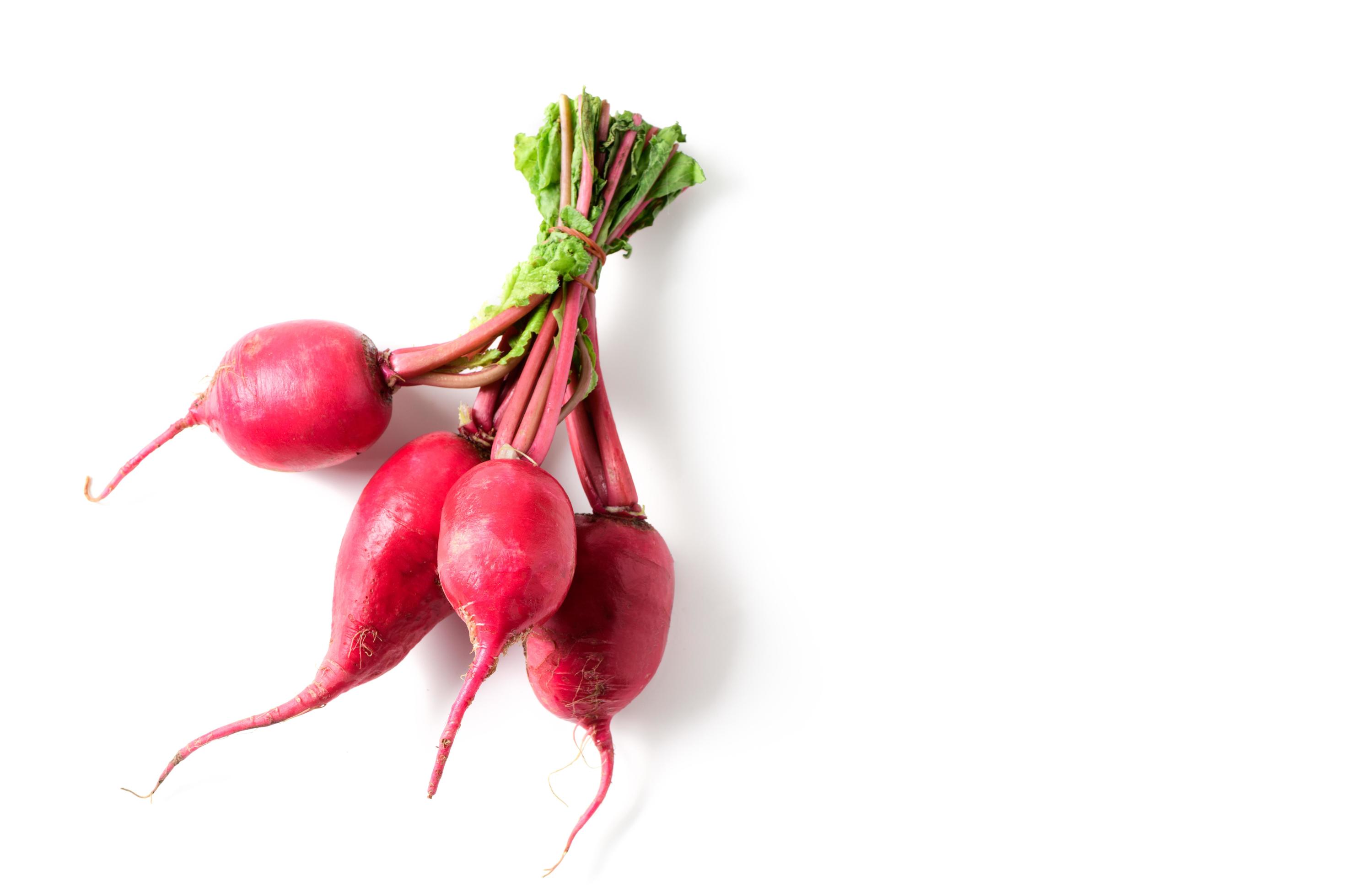 Red Radish isolated on white, healthy food. High in calcium, phosphorus and carbohydrates. Stock Free