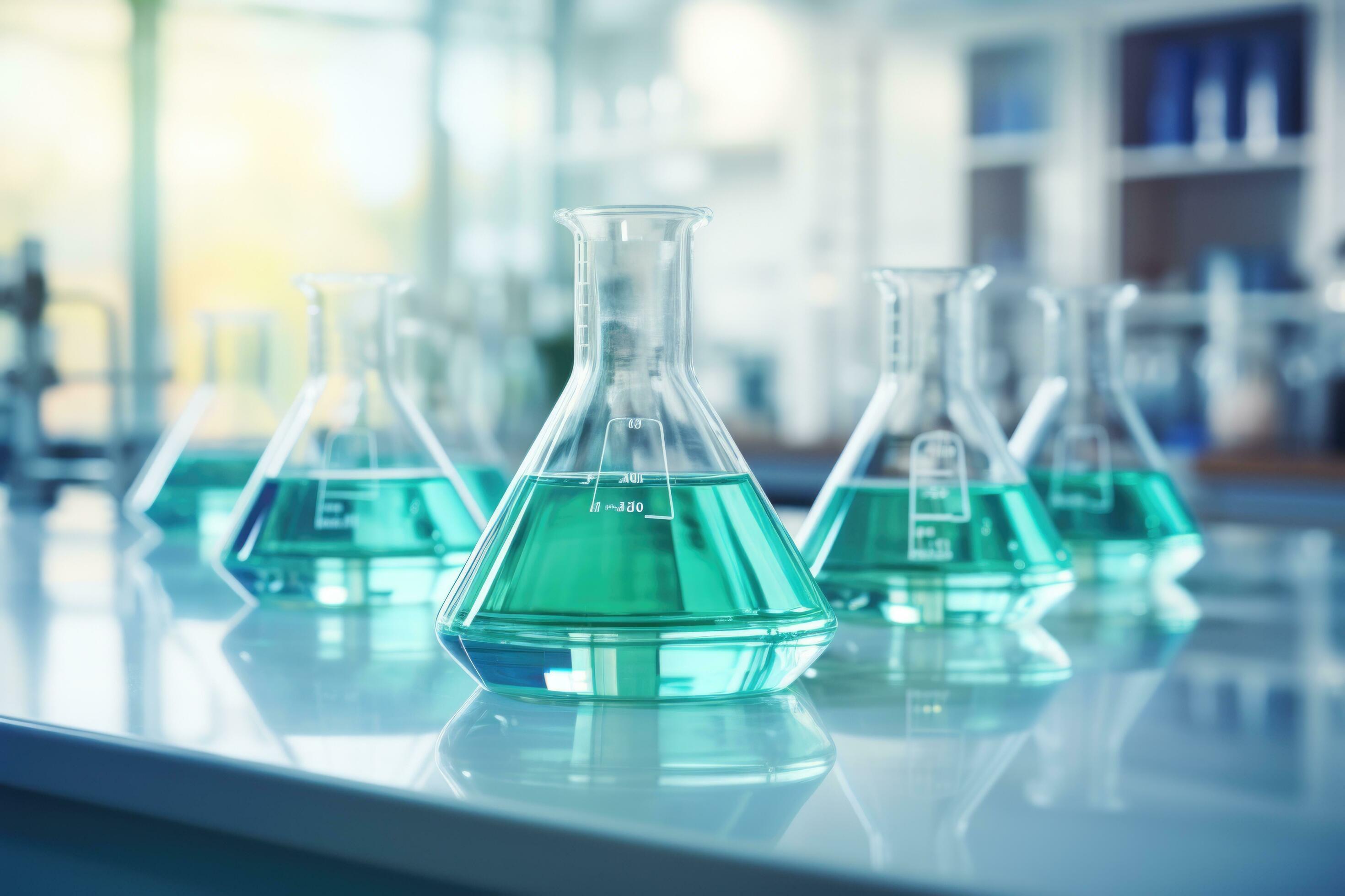 Various laboratory glassware with color liquid and reflection on the table. Science and medicine concept. Generated by artificial intelligence Stock Free