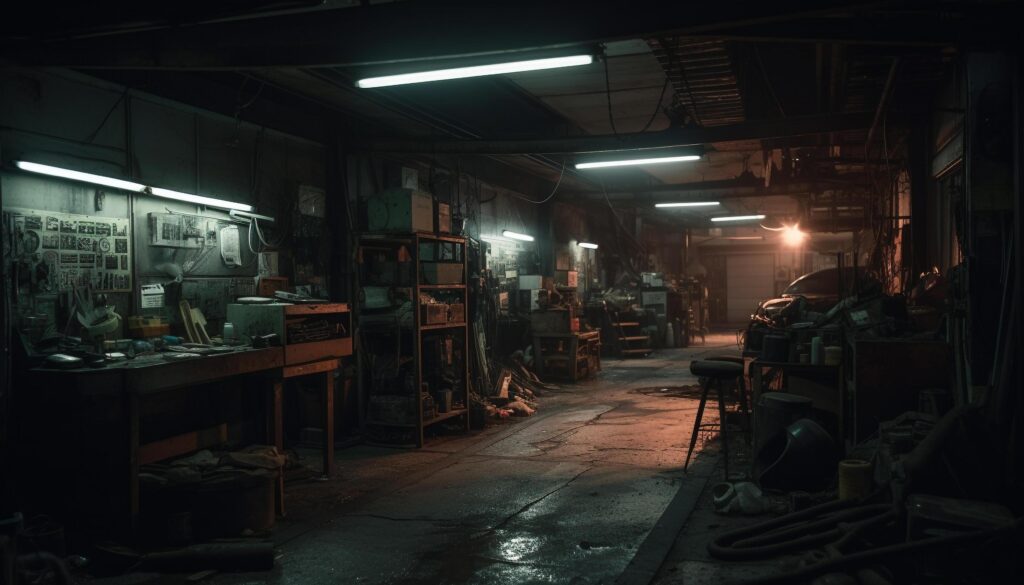 Men working in dark metal workshop indoors Stock Free