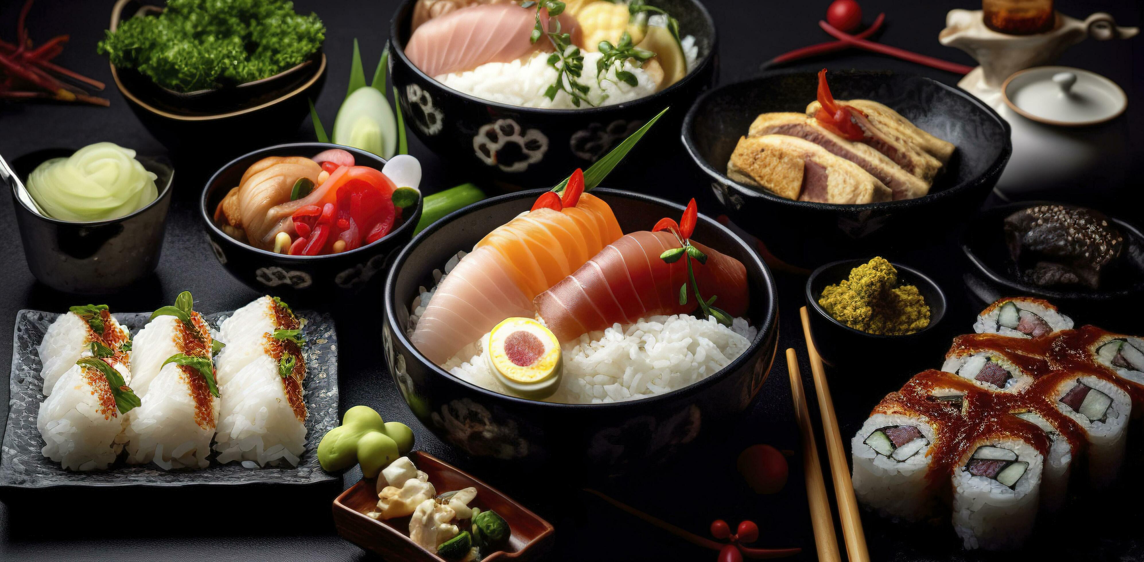 Traditional Japanese food dishes on black background, generate ai Stock Free