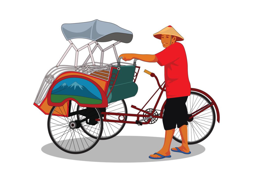 Rickshaw becak yogyakarta. Tricycle vehicle. A man holding a rickshaw. Isolated on white background. Free Vector