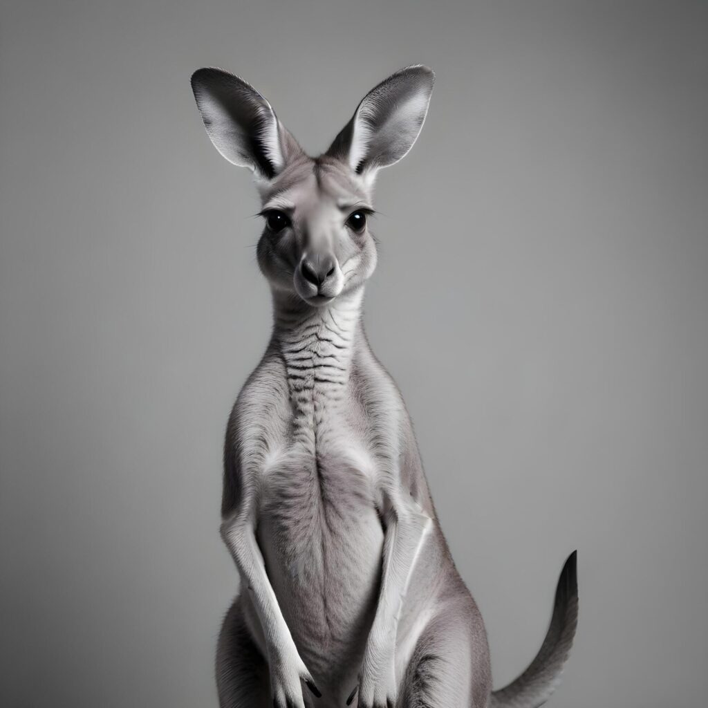 a kangaroo standing on its hind legs in front of a gray background Stock Free