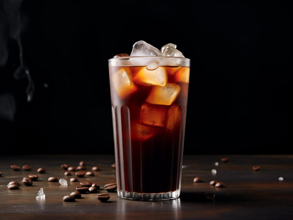 cola with ice cubes and coffee beans on a dark wooden background Free Photo