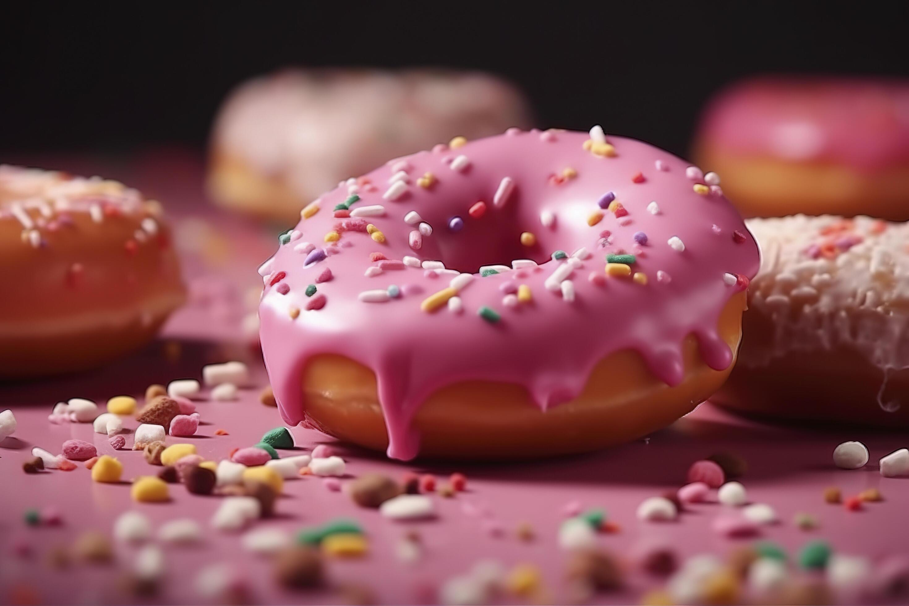 Pink donuts with sprinkles. Sweet food background, freshly baked donut. image. Stock Free