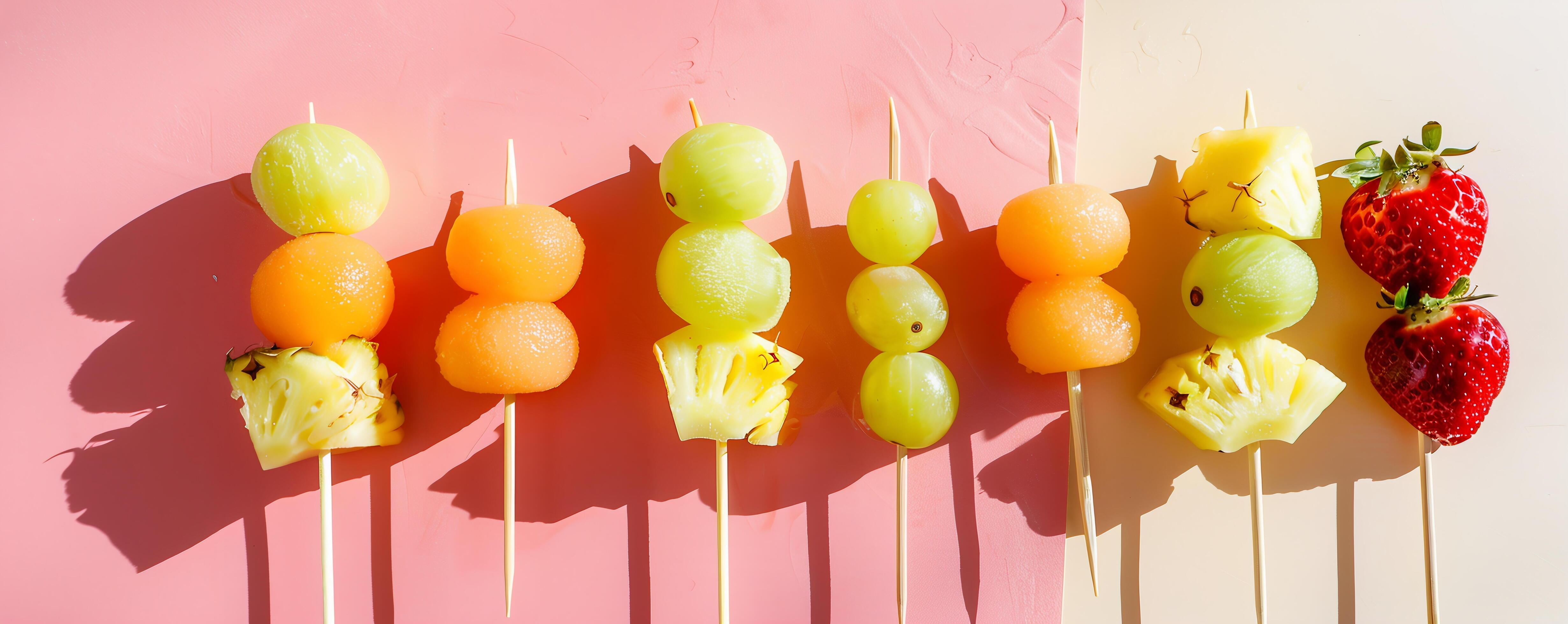 Colorful rainbow fruit skewers with strawberries, grapes, pineapple, and melon balls. Stock Free