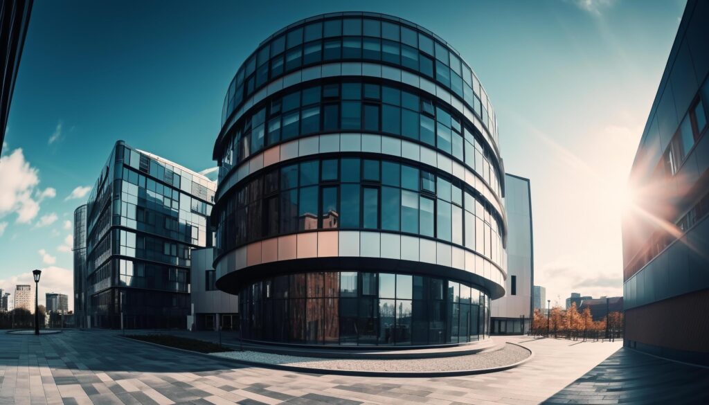 Modern skyscraper reflects blue cityscape in futuristic glass facade generated by AI Stock Free