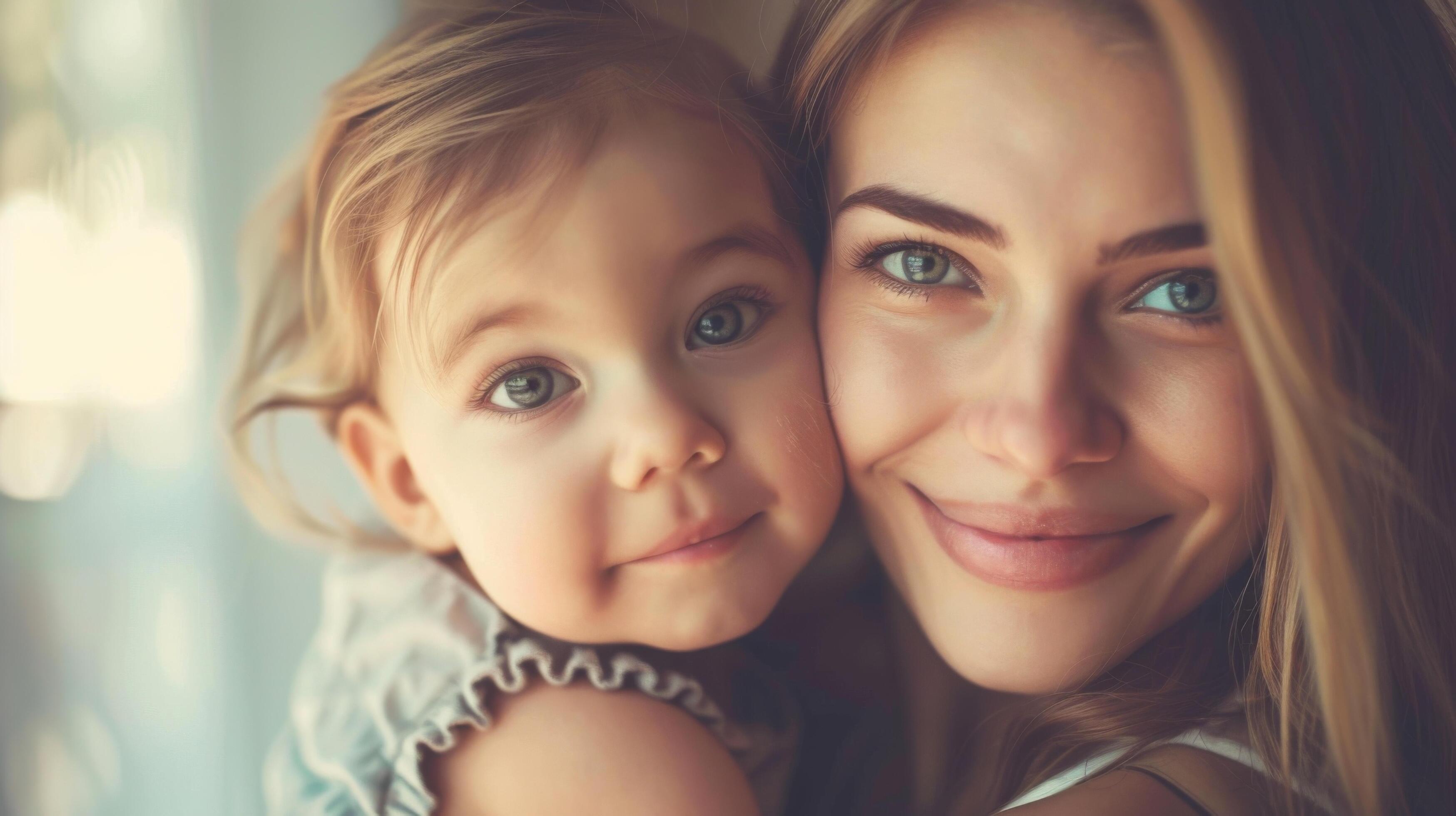 A close-up of a mother and daughter smiling warmly, capturing a tender moment of family love and connection. Stock Free