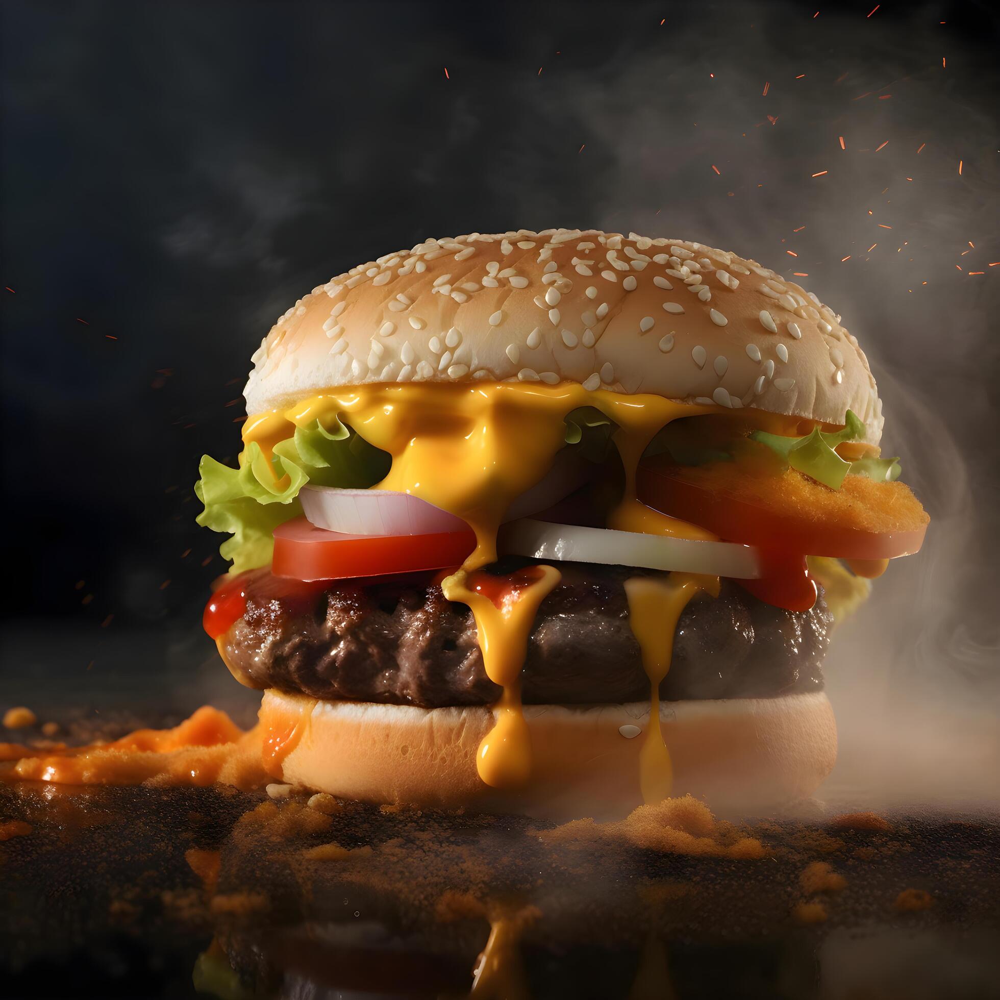 Hamburger on a black background with smoke. Fast food., Image Stock Free