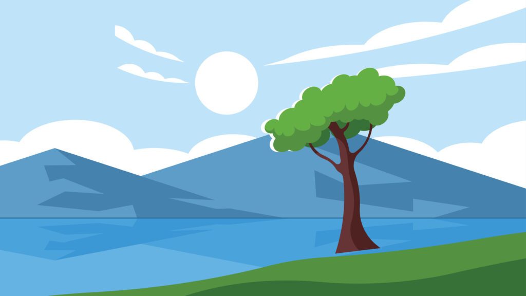 nature scene with a lake and mountains and trees background Free Vector