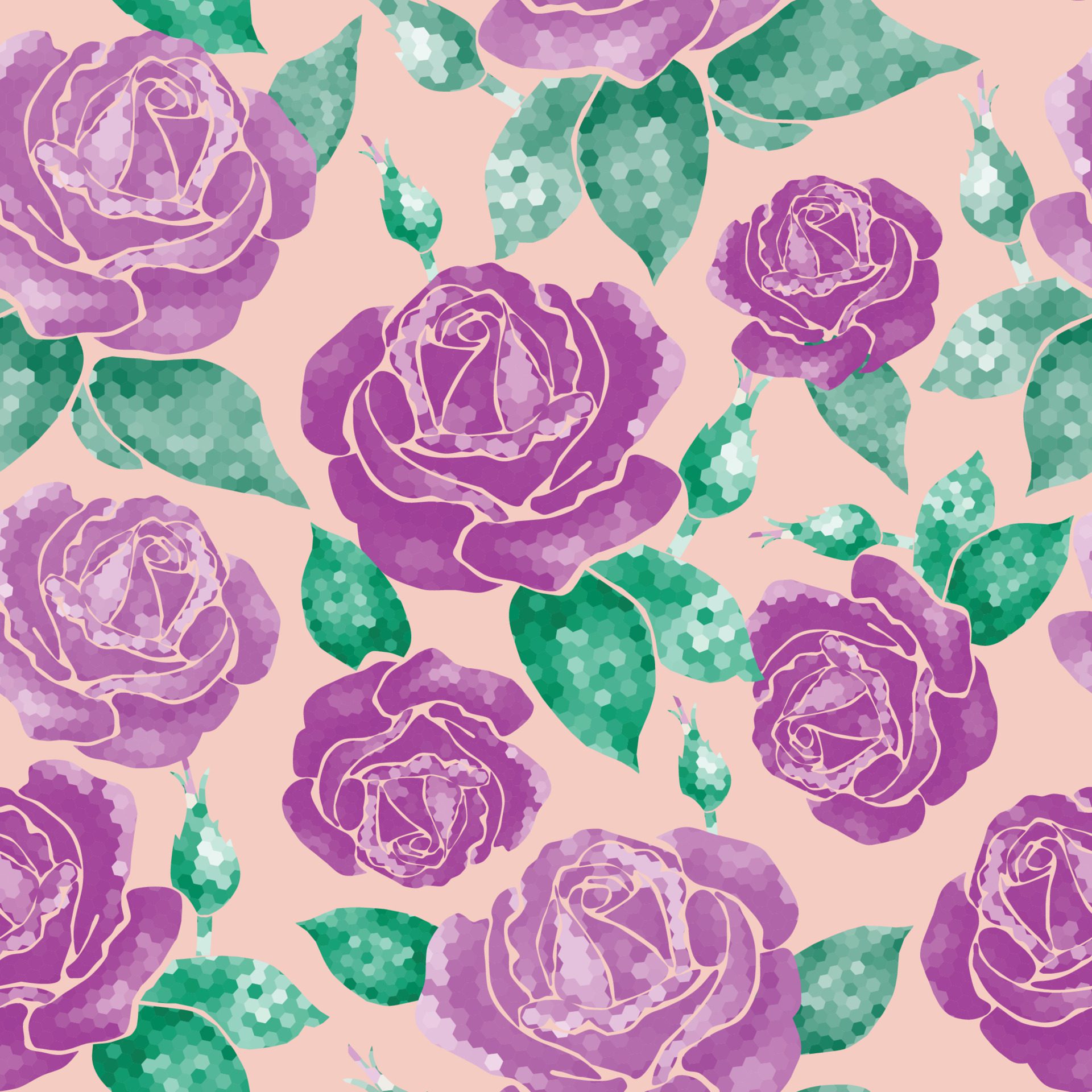 Seamless pattern pattern with roses geometric style purple flowers with buds on a peach background. The fabric is fashionable with trend pattern. Free Vector