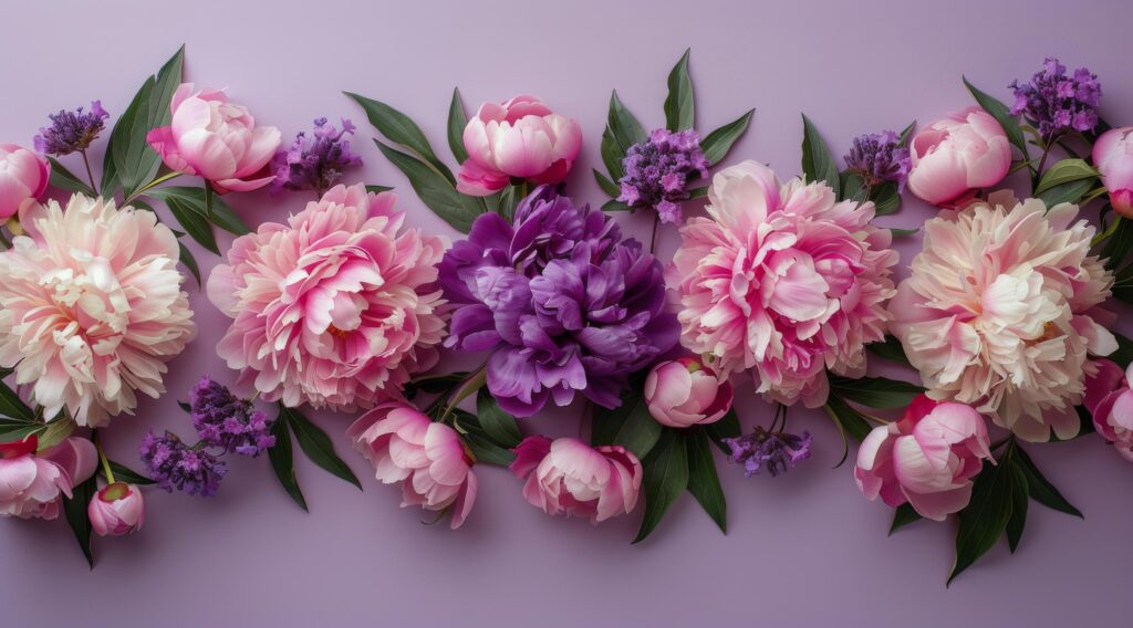 Pink and Purple Peonies and Flowers on Lavender Background Stock Free