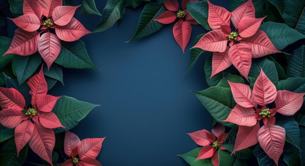 Pink Poinsettia Plant Leaves Against a Blue Background Stock Free