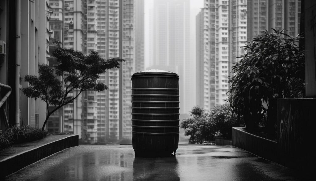 Modern skyscraper reflects city life in monochrome generated by AI Stock Free