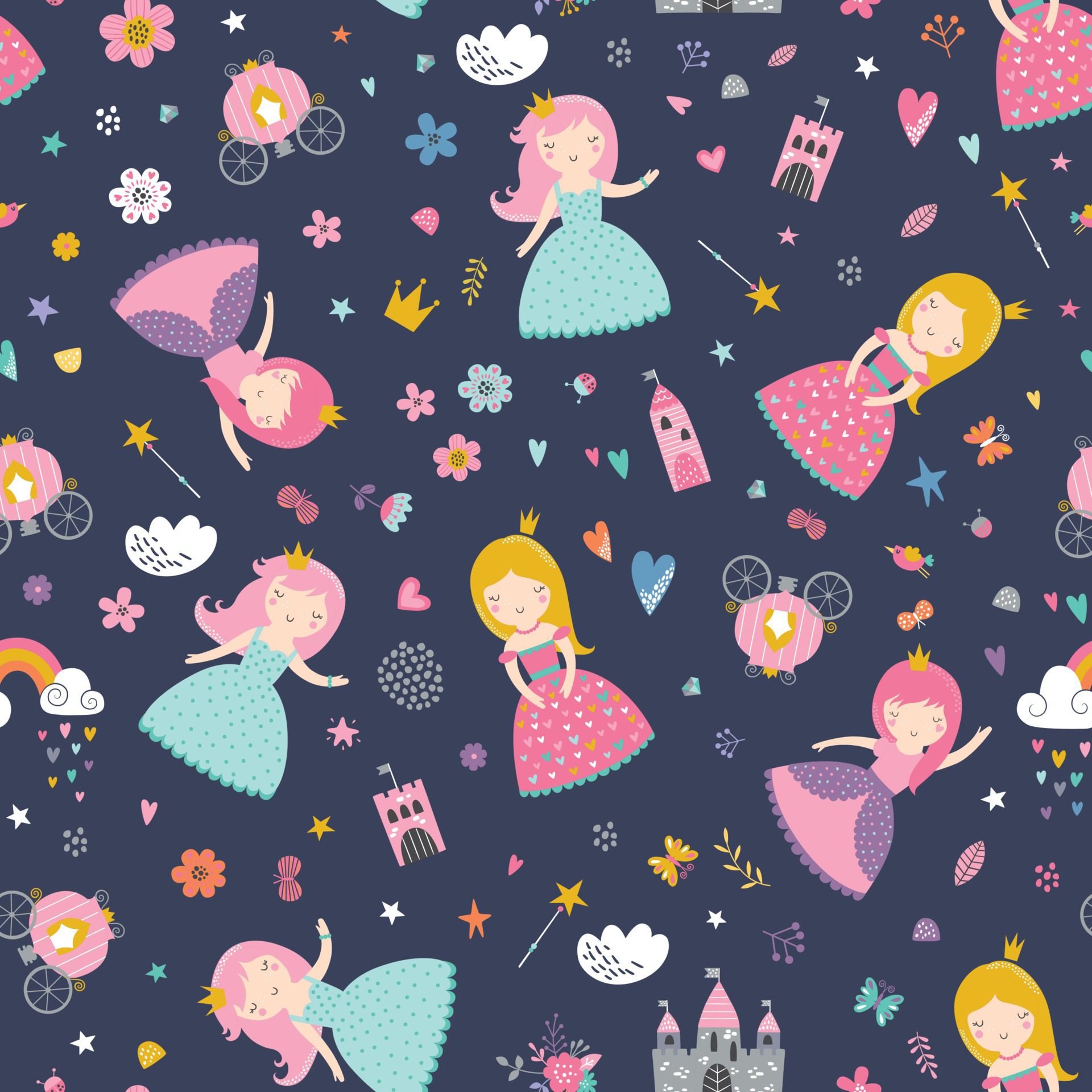 Childish seamless pattern with princess, castle, carriage Free Vector