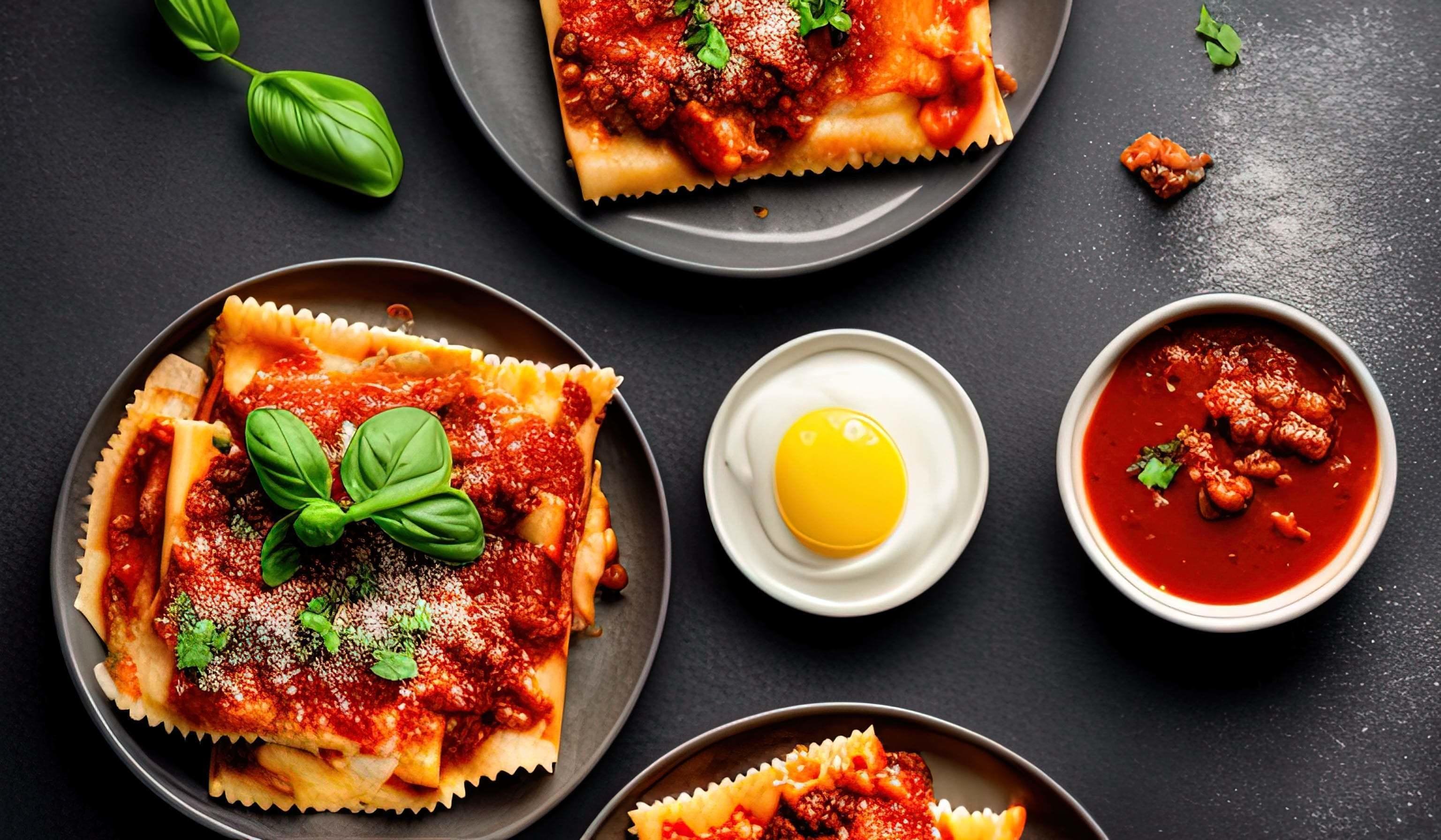 professional food photography close up of a Plate of lasagna on a dark gray background Stock Free