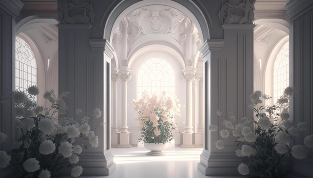Luxury interior white palace with vintage ornamental pillar and daylight. Flower and leaves decoration in room, windows. . Stock Free