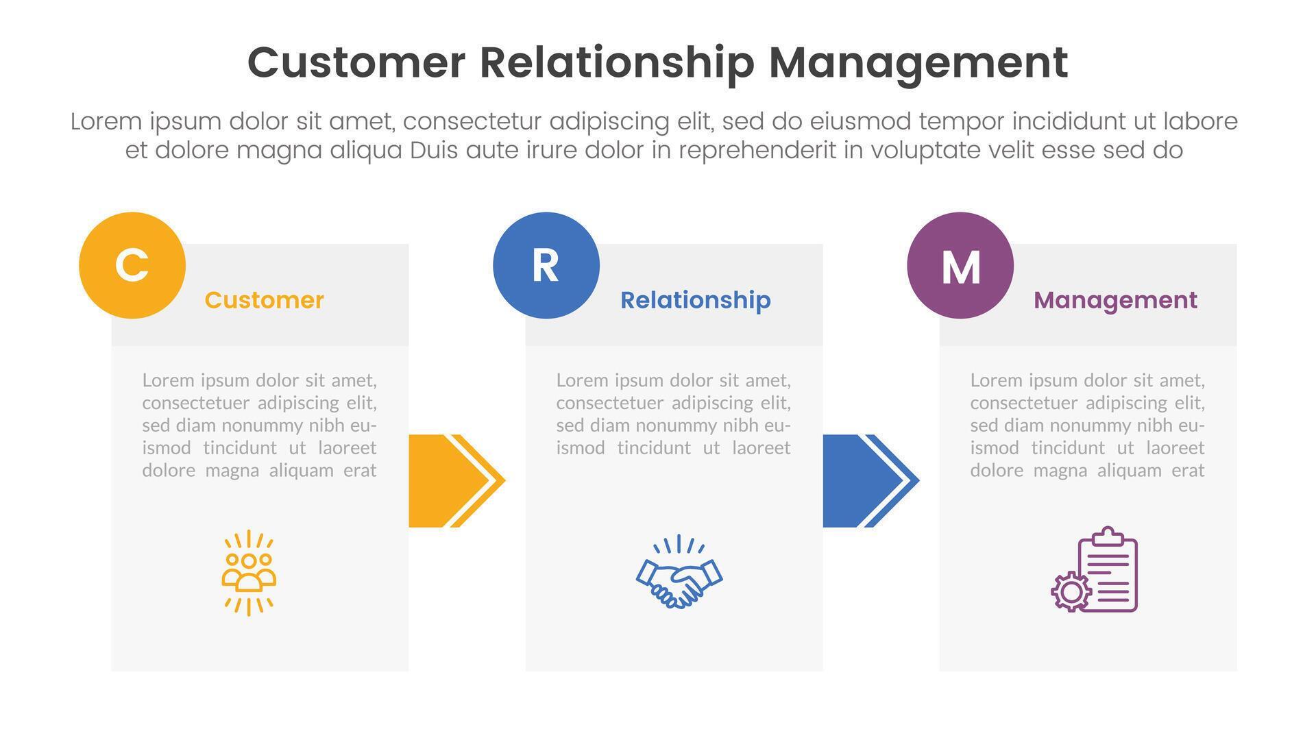 CRM customer relationship management infographic 3 point stage template with box information and arrow direction for slide presentation Stock Free