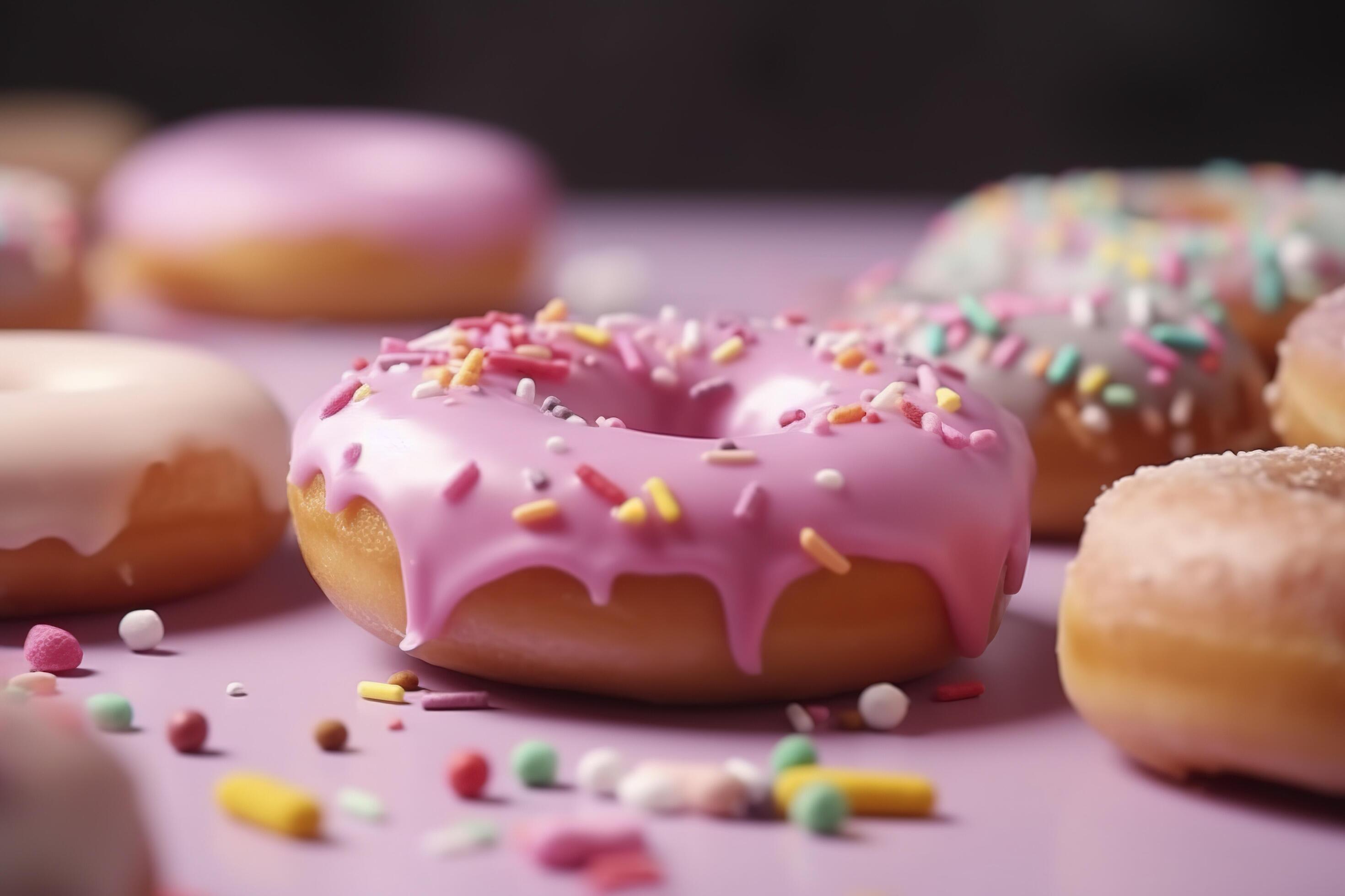 Pink donuts with sprinkles. Sweet food background, freshly baked donut. image. Stock Free